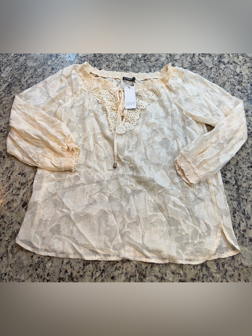 Charming Lace-Trim Sheer Peasant Blouse - Cream with Gold Thread Accents
